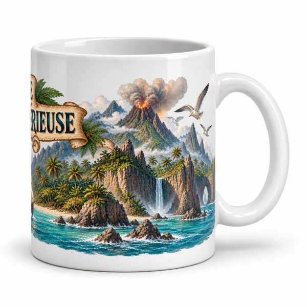 Mug Jules Verne - L’Île mystérieuse, façon carte postale, anse à droite