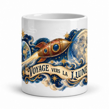 Mug Jules Verne - Voyage vers la Lune, façon carte postale, vue de face