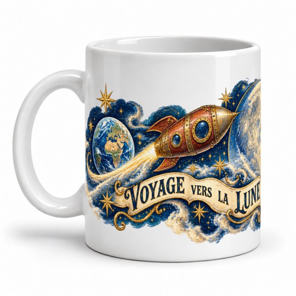 Mug Jules Verne - Voyage vers la Lune, façon carte postale, anse à gauche