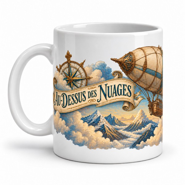 Mug voyage - Aérostat au-dessus des nuages, façon carte postale, anse à gauche