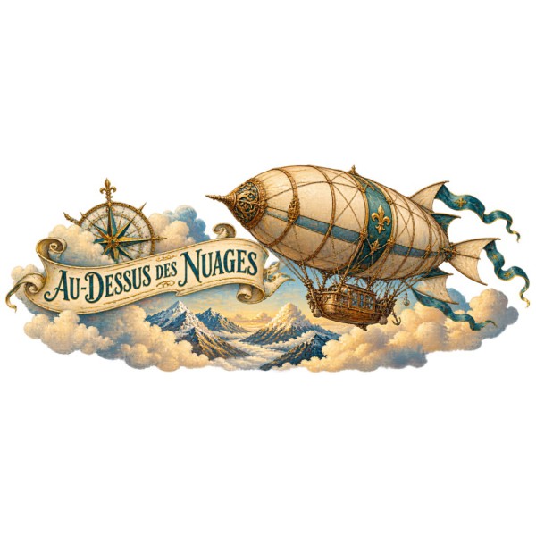 Mug voyage - Aérostat au-dessus des nuages, façon carte postale, décor à plat