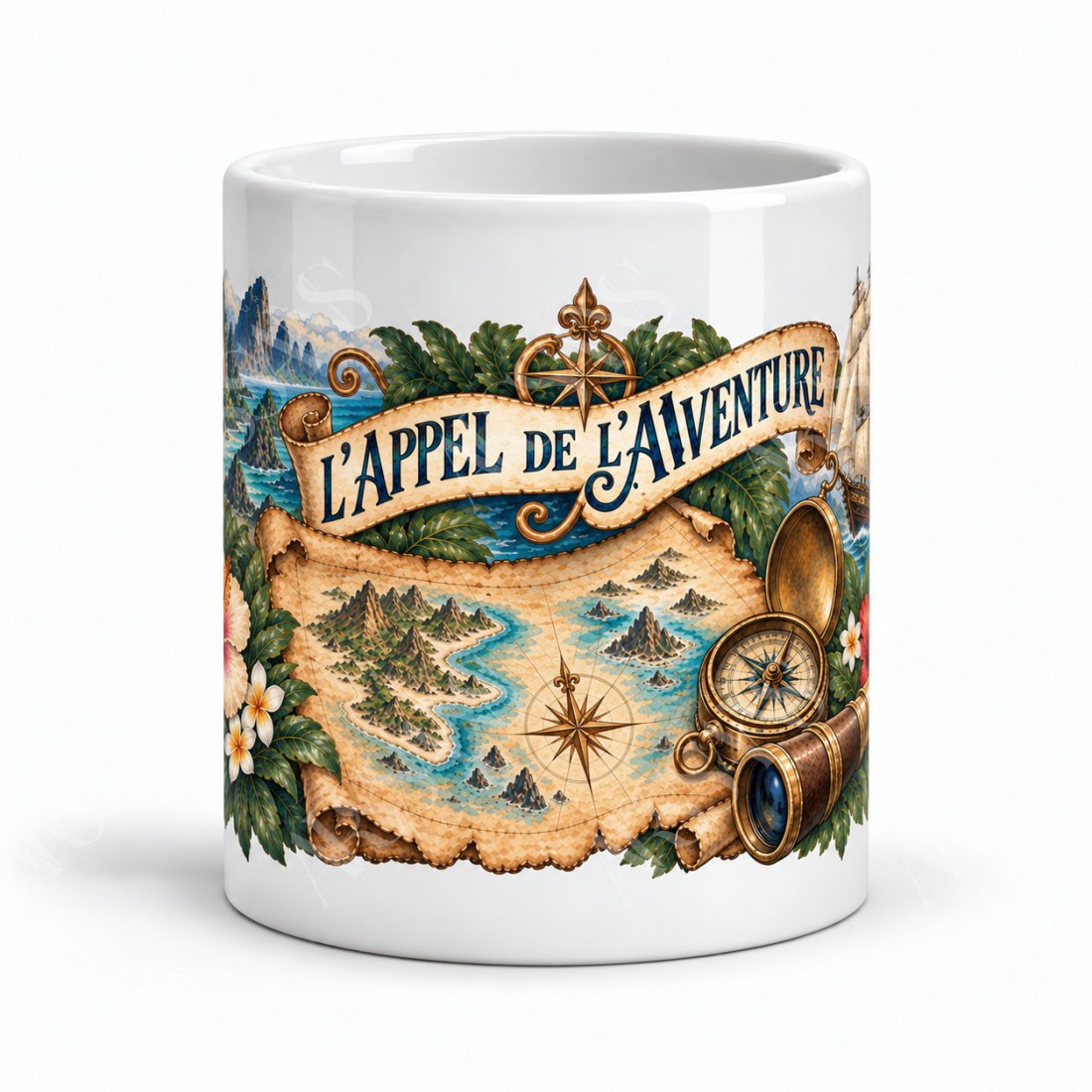 Mug voyage - Explorateurs et carte imaginaire, façon carte postale, vue de face