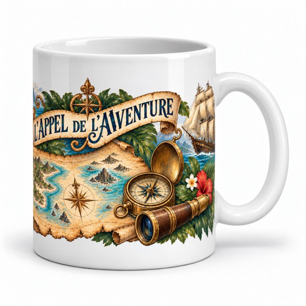 Mug voyage - Explorateurs et carte imaginaire, façon carte postale, anse à droite