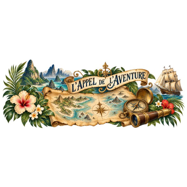 Mug voyage - Explorateurs et carte imaginaire, façon carte postale, décor à plat