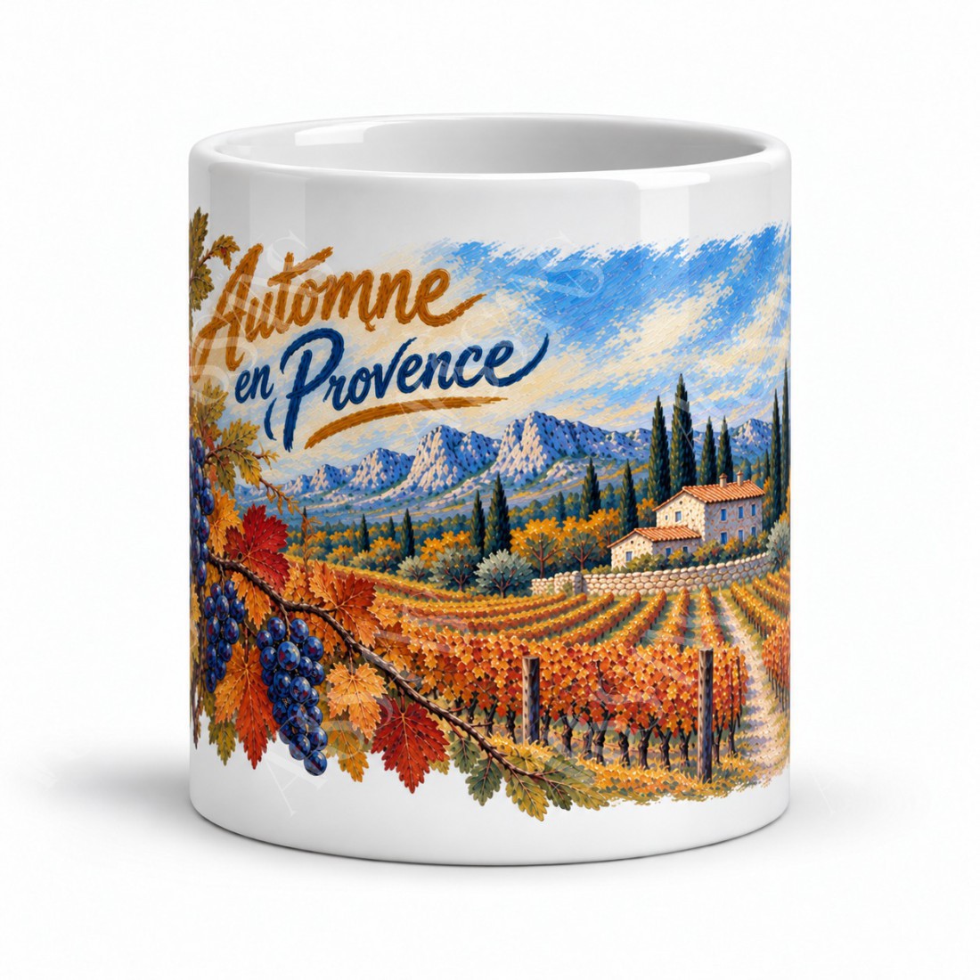 Mug Provence - Vignes d’automne, façon carte postale, vue de face
