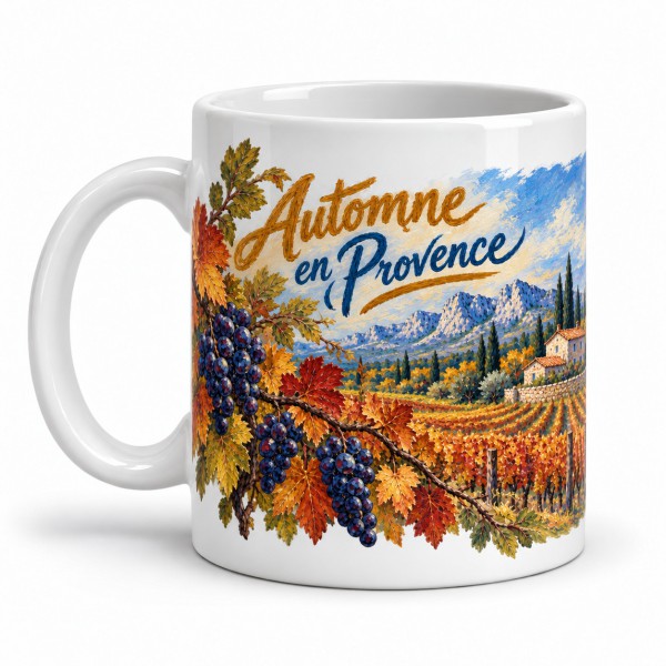 Mug Provence - Vignes d’automne, façon carte postale, anse à gauche