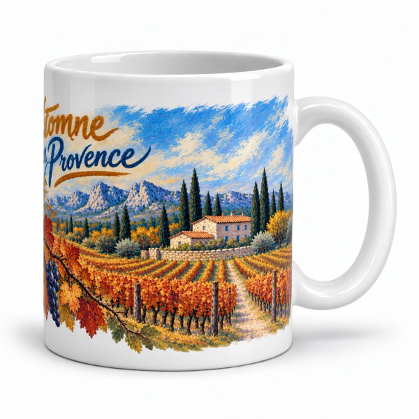 Mug Provence - Vignes d’automne, façon carte postale, anse à droite