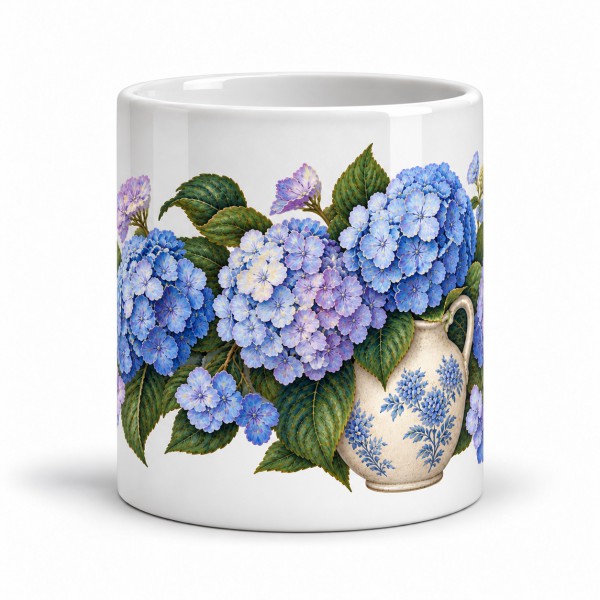 Mug fleurs - Hortensias bleus, façon carte postale, Manufacture Arssans