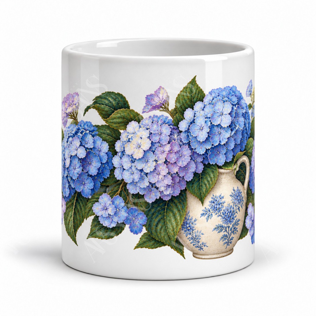 Mug fleurs - Hortensias bleus, façon carte postale, vue de face