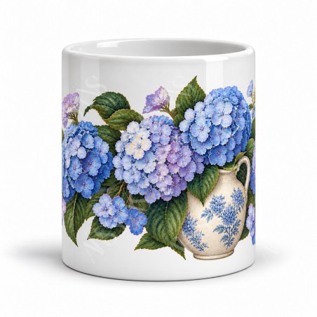 Mug fleurs - Hortensias bleus, façon carte postale, vue de face