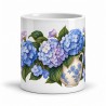 Mug fleurs - Hortensias bleus, façon carte postale, vue de face