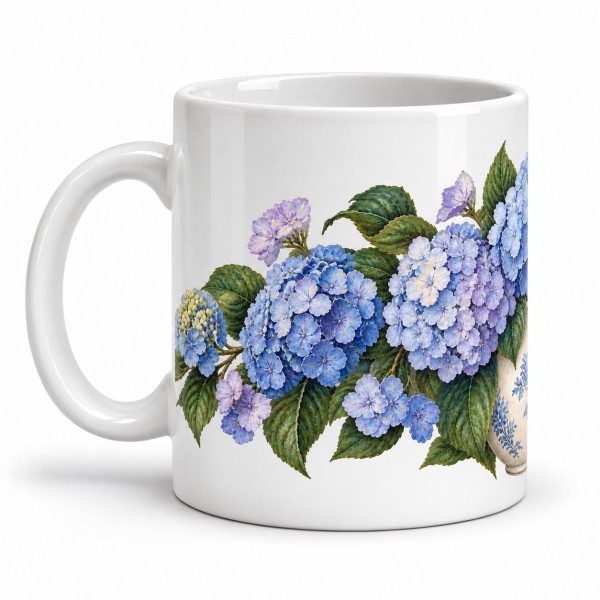 Mug fleurs - Hortensias bleus, façon carte postale, anse à gauche