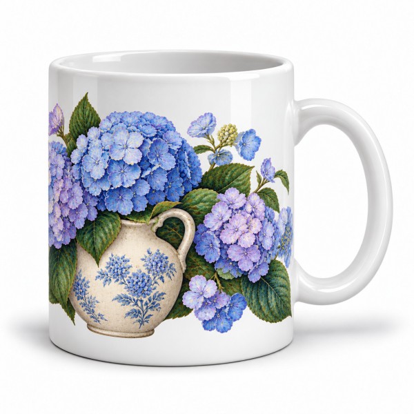 Mug fleurs - Hortensias bleus, façon carte postale, anse à droite