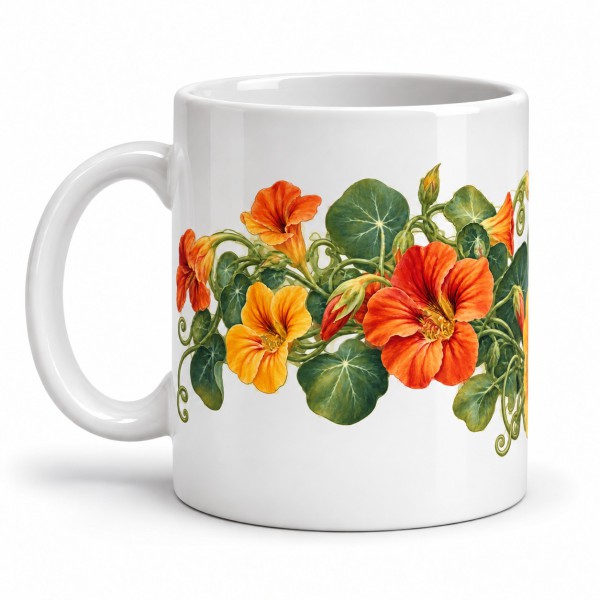 Mug fleurs - Capucines du jardin, façon carte postale, anse à gauche