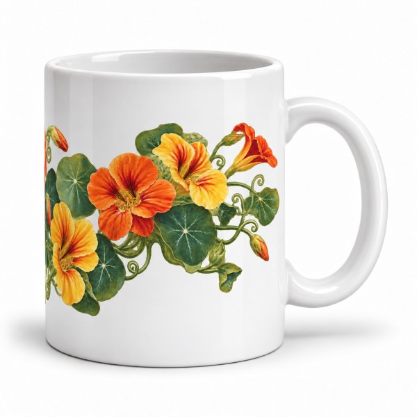 Mug fleurs - Capucines du jardin, façon carte postale, anse à droite