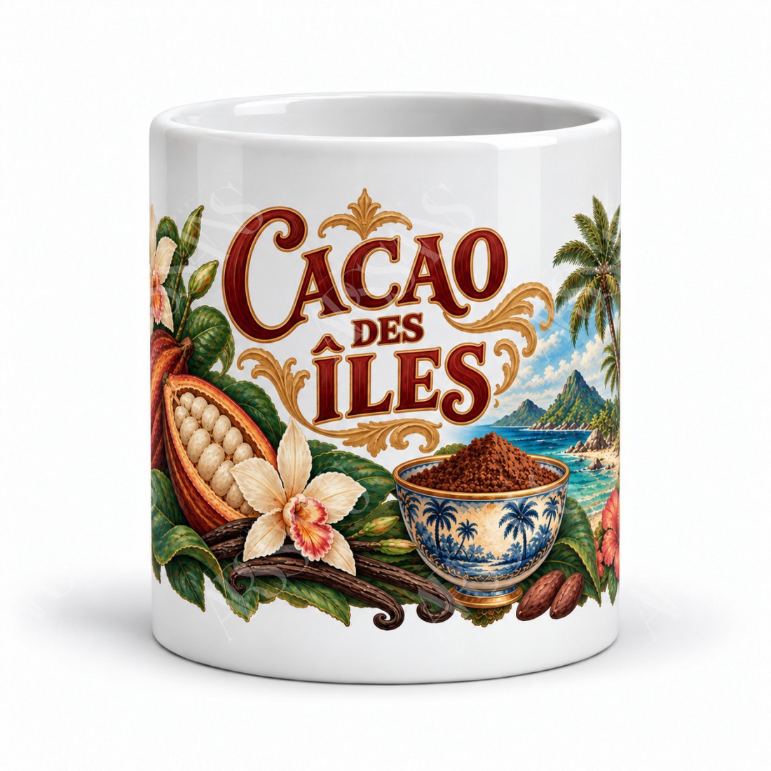 Mug cacao - Cacao des Îles, façon carte postale, vue de face