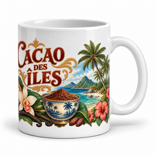 Mug cacao - Cacao des Îles, façon carte postale, anse à droite