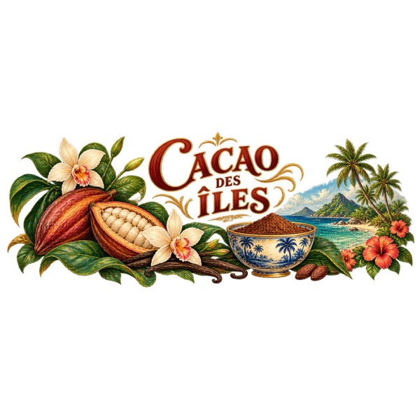 Mug cacao - Cacao des Îles, façon carte postale, décor à plat