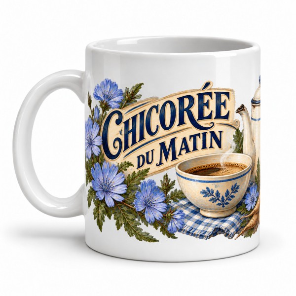 Mug chicorée - Chicorée du Matin, façon carte postale, anse à gauche