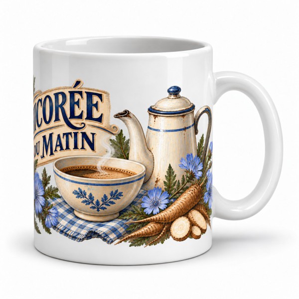 Mug chicorée - Chicorée du Matin, façon carte postale, anse à droite