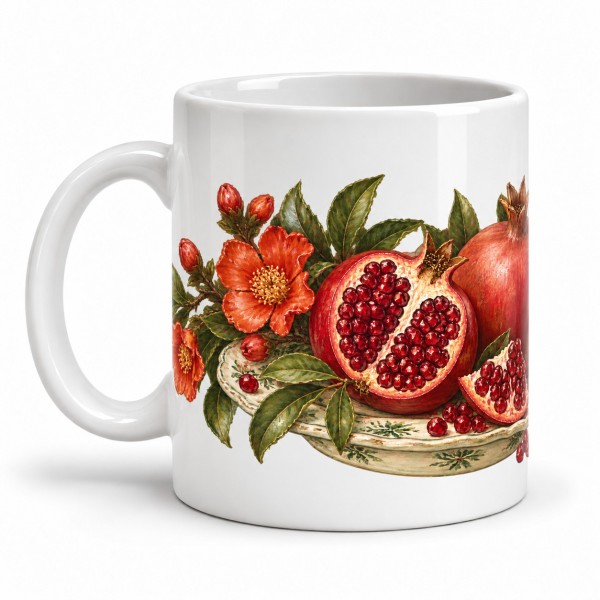Mug gourmand - Grenades et fleurs, anse à gauche