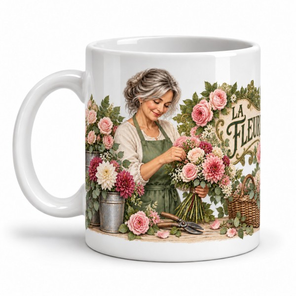 Mug métiers d’autrefois - La Fleuriste, façon carte postale, anse à gauche