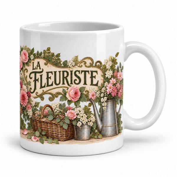 Mug métiers d’autrefois - La Fleuriste, façon carte postale, anse à droite