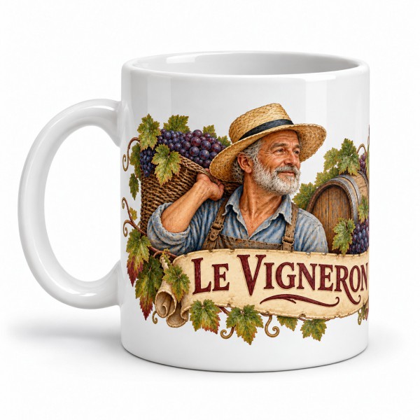 Mug métiers d’autrefois - Le Vigneron, façon carte postale, anse à gauche