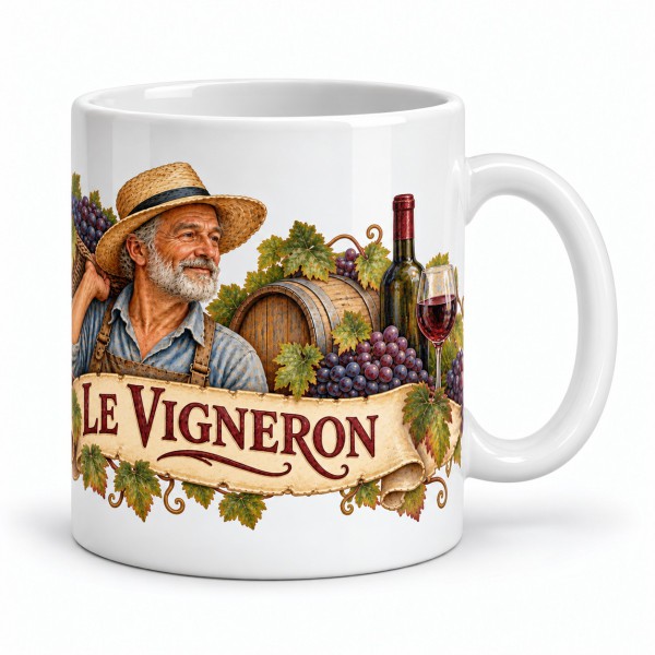 Mug métiers d’autrefois - Le Vigneron, façon carte postale, anse à droite