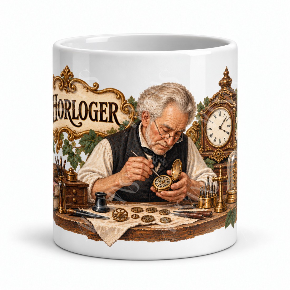 Mug métiers d’autrefois - L’Horloger, façon carte postale, vue de face