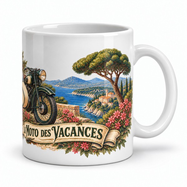 Mug rétro - La Moto des vacances, anse à droite