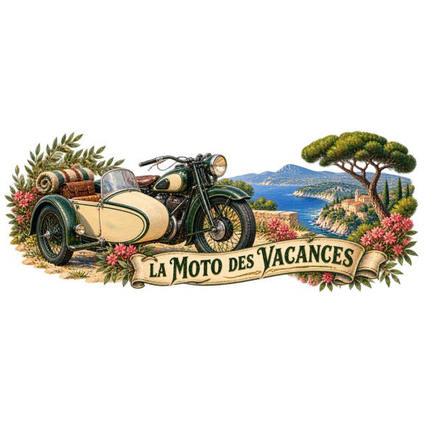Mug rétro - La Moto des vacances, décor à plat