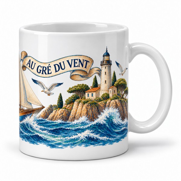 Mug voyage - Voilier et phare, anse à droite