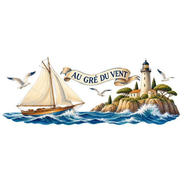 Mug voyage - Voilier et phare, décor à plat