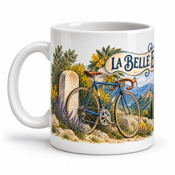 Mug rétro - La Bicyclette des cols, anse à gauche