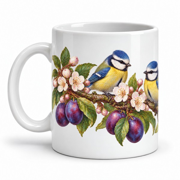 Mug nature - Mésanges et prunier, anse à gauche