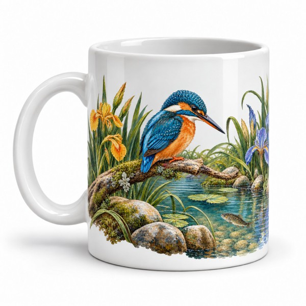 Mug nature - Martin-pêcheur et rivière, façon carte postale, anse à gauche