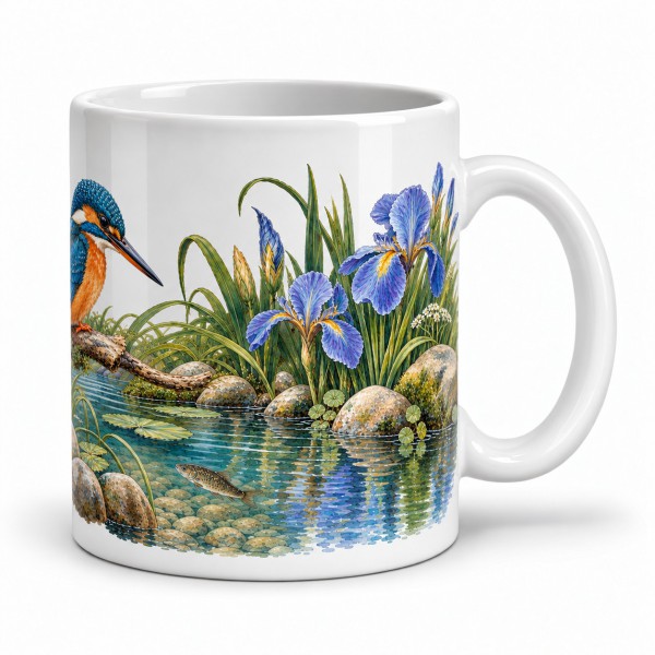 Mug nature - Martin-pêcheur et rivière, façon carte postale, anse à droite