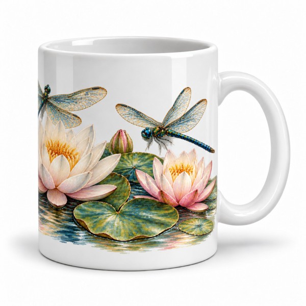 Mug nature - Libellules et nénuphars, anse à droite