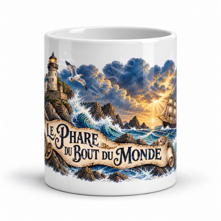 Mug Jules Verne - Le Phare du bout du monde, façon carte postale, vue de face