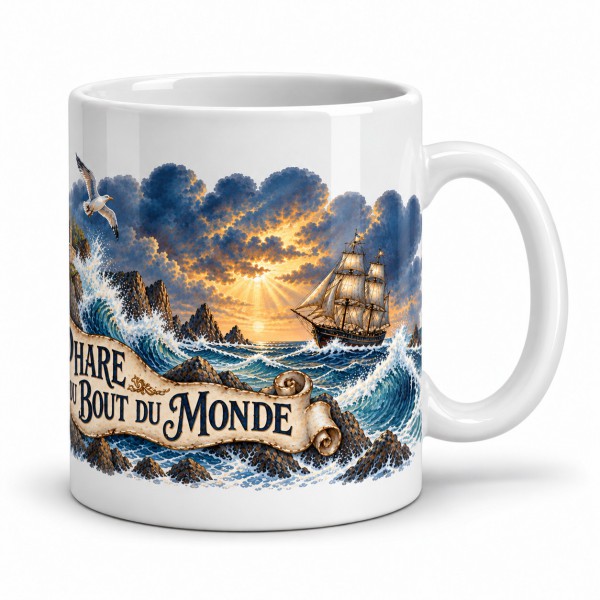 Mug Jules Verne - Le Phare du bout du monde, façon carte postale, anse à droite