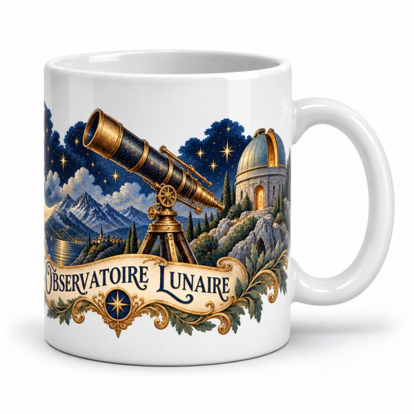 Mug imaginaire - L’Observatoire lunaire, façon carte postale, anse à droite
