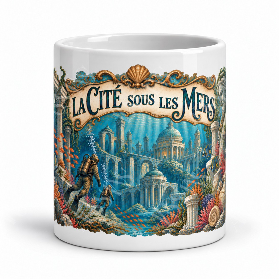 Mug Jules Verne - La Cité sous les mers, façon carte postale, vue de face