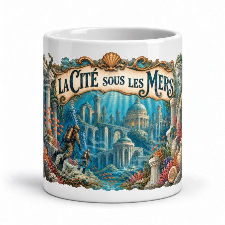 Mug Jules Verne - La Cité sous les mers, façon carte postale, vue de face