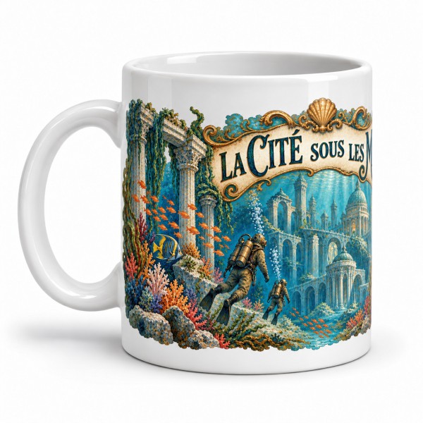 Mug Jules Verne - La Cité sous les mers, façon carte postale, anse à gauche