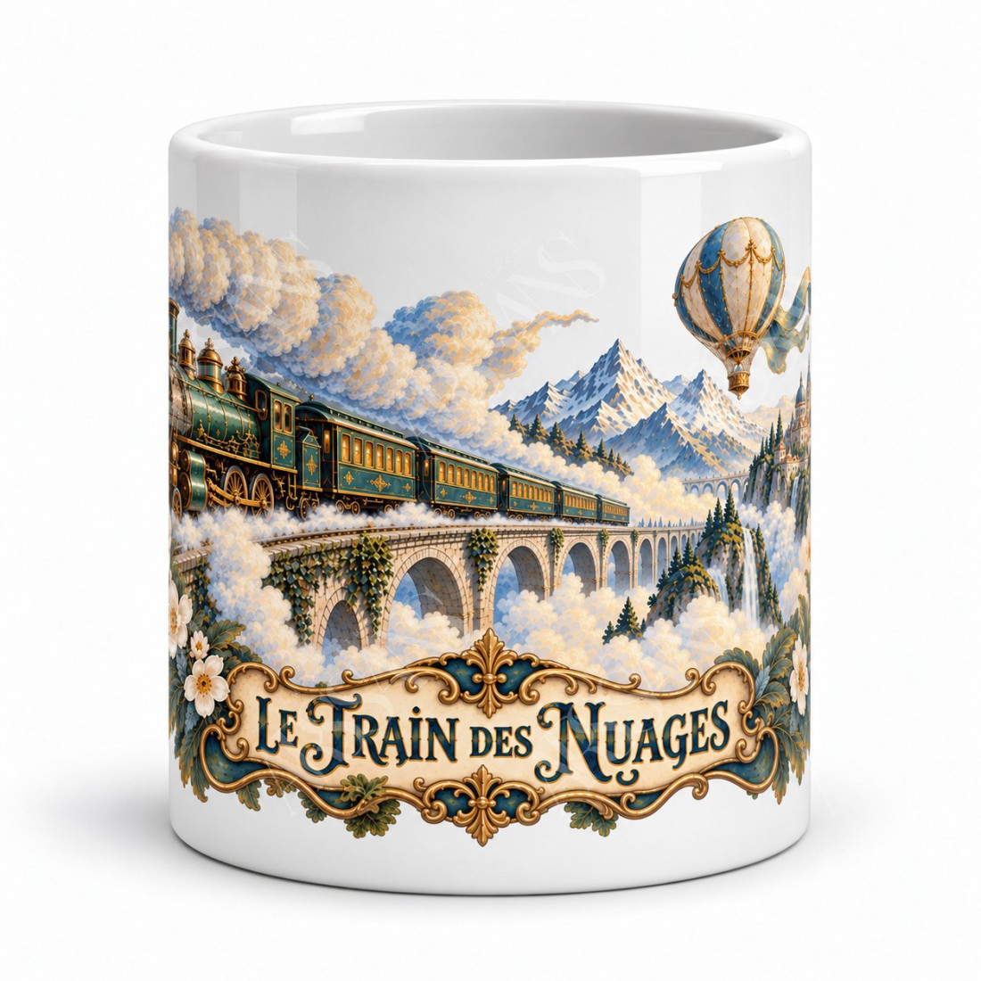 Mug imaginaire - Le Train des nuages, façon carte postale, vue de face