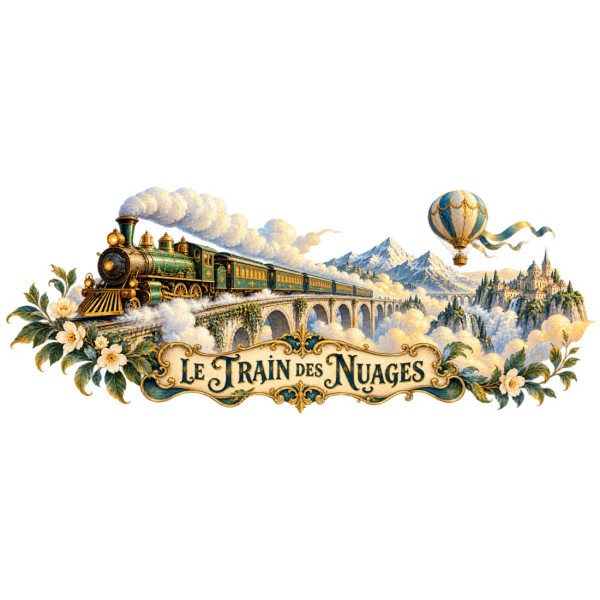 Mug imaginaire - Le Train des nuages, façon carte postale, décor à plat
