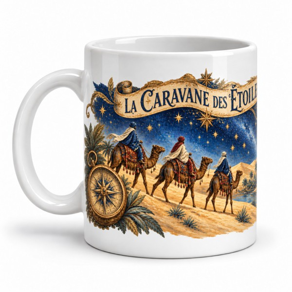 Mug imaginaire - La Caravane des étoiles, façon carte postale, anse à gauche