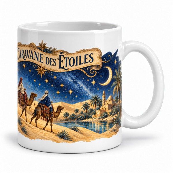 Mug imaginaire - La Caravane des étoiles, façon carte postale, anse à droite