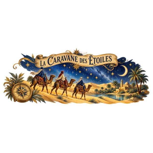 Mug imaginaire - La Caravane des étoiles, façon carte postale, décor à plat